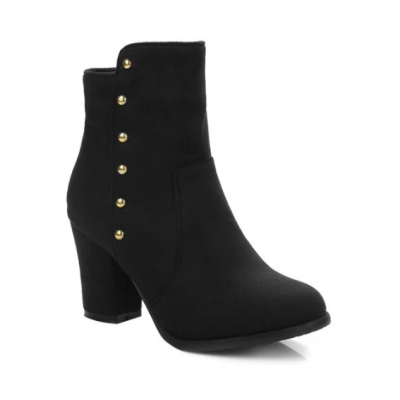 Suede Zipper Dome Stud Ankle Boots - Black
